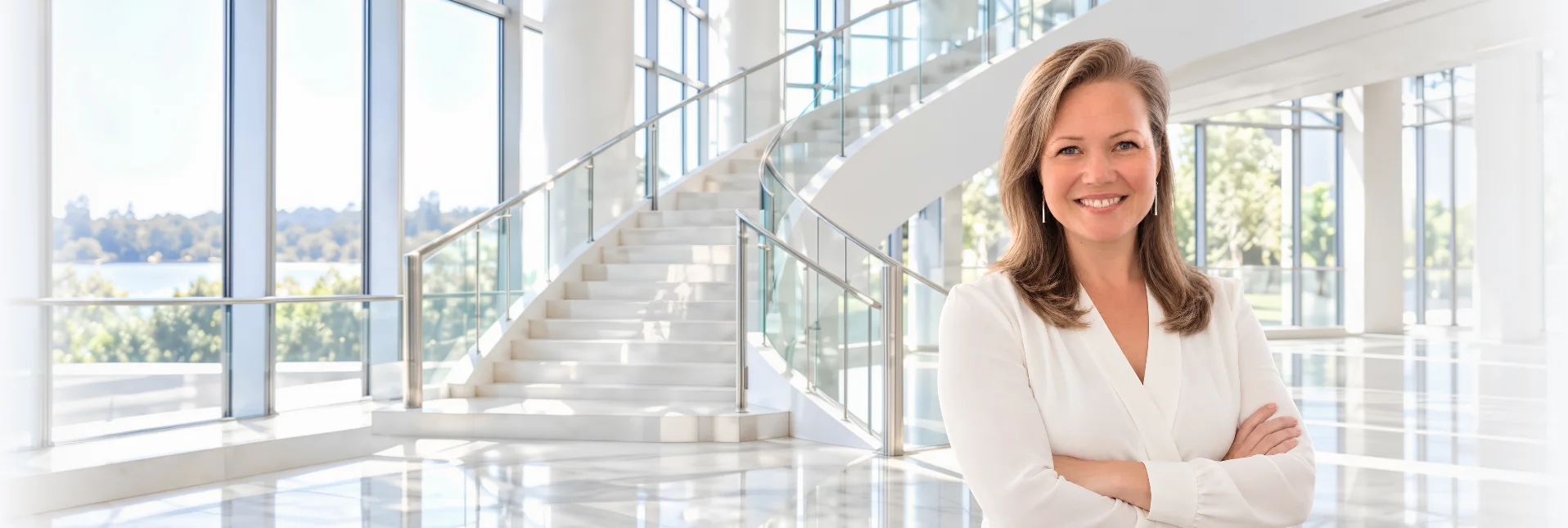 Yulia Mamaeva, arms crossed, in a bright glass-walled lobby with a curved white staircase behind her.